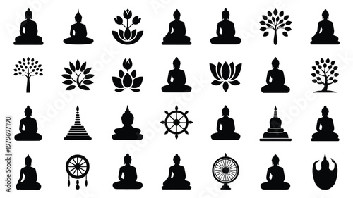 Black silhouette icons of buddha meditating lotus flowers sacred trees and spiritual symbols in vector style for mindfulness and serenity