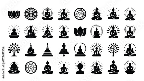 Collection of black and white vector icons featuring meditating buddha statues lotus flowers and sacred symbols isolated on a clean background for spiritual and wellness designs