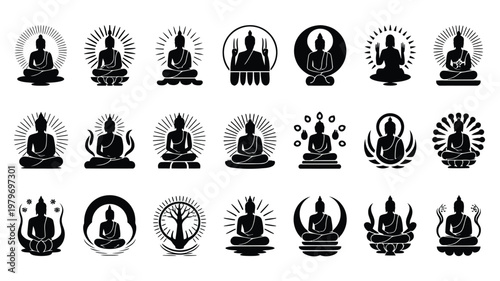 Silhouette icons of buddha in various meditative poses with symbolic elements minimalist design for cultural and spiritual themes