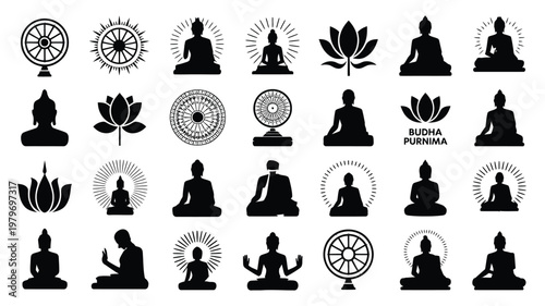 Minimalist black silhouettes of buddha figures in meditative poses with symbolic lotus and dharma wheel elements isolated on white background