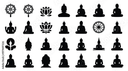 Collection of 30 minimalist black silhouettes featuring buddha statues lotus flowers and dharma wheels for spiritual and meditative designs