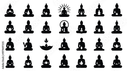 Silhouettes of buddha in various poses and symbols minimalist black set for spirituality and meditation 30 unique designs