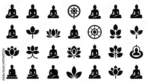 Minimalist black and white icons of buddha statues lotus flowers and dharma wheels in a clean grid layout on a light background for meditation spirituality and mindfulness concepts