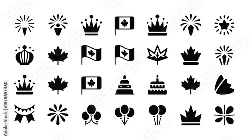 Black and white icon set featuring celebratory symbols crowns maple leaves flags cakes and fireworks for festive events