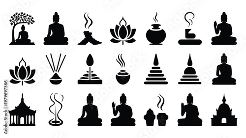 Black silhouette icons depicting buddha in meditation lotus flowers incense temples and spiritual symbols for mindfulness