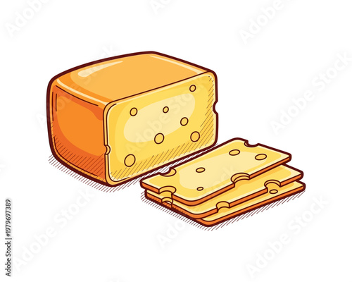 A block of Swiss cheese with three slices cut from it, showing its characteristic holes.