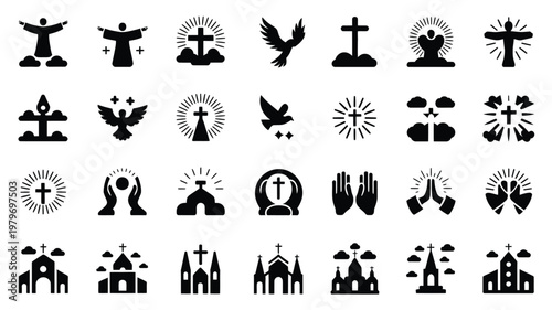Minimalist silhouette collection of religious symbols and spiritual icons featuring crosses praying hands and church buildings in black and white