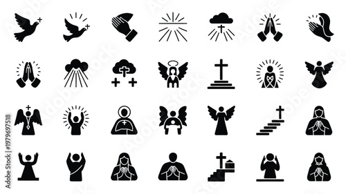 Minimalist black and white vector icons depicting religious symbols angels crosses and praying figures for spiritual themes