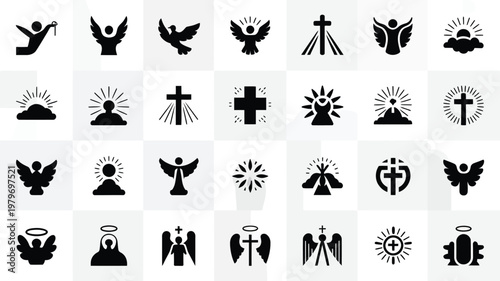 Black and white symbol collection featuring icons of wings crosses halos and religious figures for spiritual design