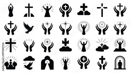 Black and white vector icons of spiritual symbols crosses praying hands and religious imagery in minimalist style for faith and devotion themes