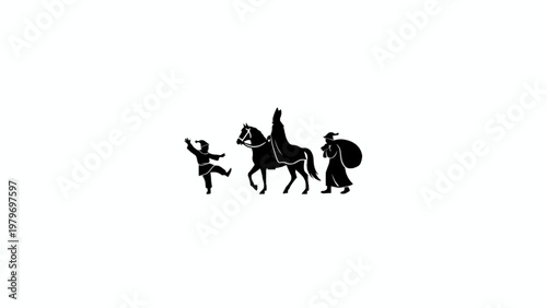 Sinterklaas Silhouette with Horse and Zwarte Piet on White Background
