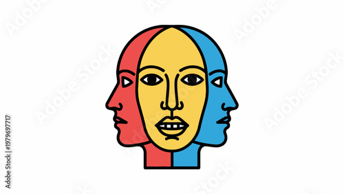 Three-Faced Human Head Illustration for Mental Health Concept