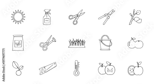 Gardening Flat Icon Set with Sun Spray Bottle Pruners Fertilizer and Tools Vector Illustration for Web Design