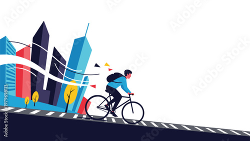 Active man riding a bicycle on a road uphill past colorful stylized city skyscrapers to promote sustainable urban transport and fitness.