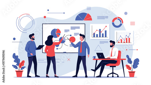 Corporate team collaborating in a modern office analyzing diverse data charts and financial reports on a whiteboard to improve business performance.