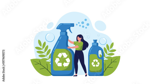 Woman standing between large recycled cleaning product containers representing eco-friendly household choices and environmental sustainability.