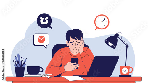 Stressed man at his desk looking at his smartphone with a laptop and various icons representing time pressure and multitasking in a busy office.