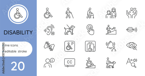 Linear icon set. Disability. Vector, editable