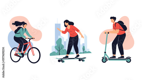 Active people using eco-friendly transportation including bicycle, skateboard, and electric kick scooter in the city.