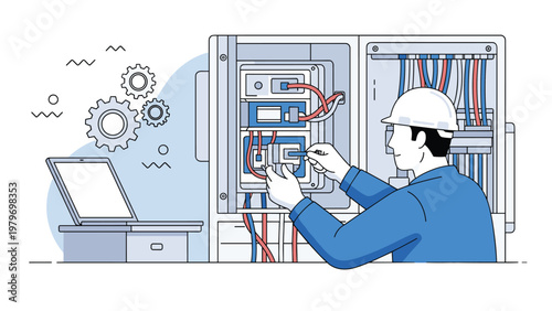 Professional electrician in blue uniform and hard hat repairing complex electrical system in power control panel.