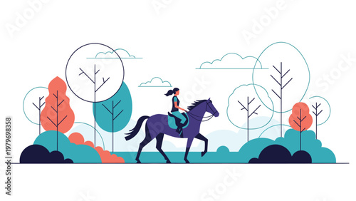 Female equestrian riding a horse along forest path surrounded by colorful trees and clouds in nature setting.