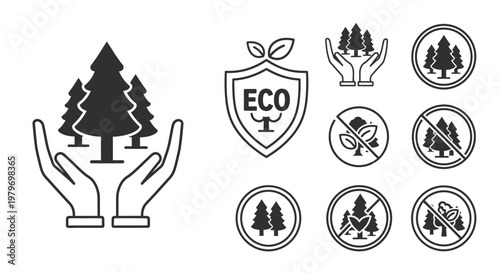 Eco friendly icons and tree conservation symbols.