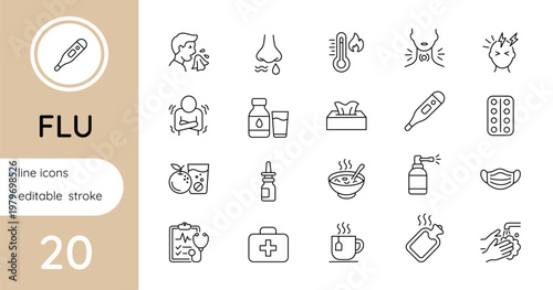 Set of line icons. Cold, flu. Vector, editable