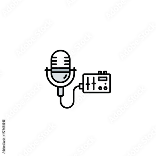 A line drawing of a microphone and audio mixer.