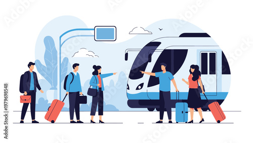 Group of travelers with luggage waiting at platform for arrival of modern high speed train at railway station.