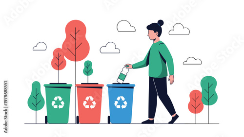 Eco friendly woman throwing plastic bottle into blue recycling bin in public park near green and red autumn trees.