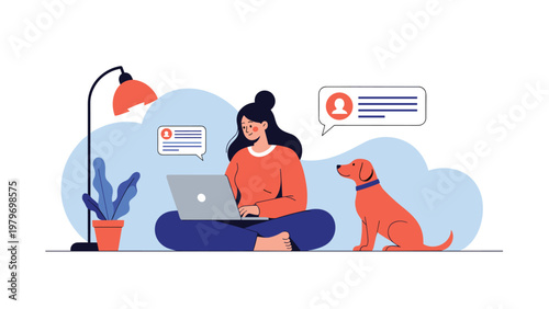 Young woman sitting on floor and working on laptop at home with her pet dog and social media speech bubbles.