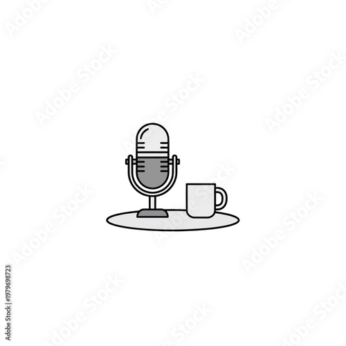 Simple line art of a microphone and coffee cup.