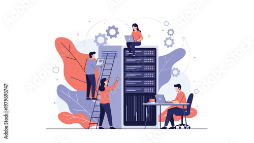 IT specialists and engineers performing maintenance on large data center server rack with laptops and ladder tool.