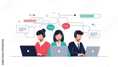 Customer service team with headsets and laptops providing professional support and assistance to clients online.