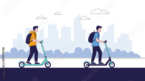 Two young men riding electric kick scooters for eco friendly urban commuting along modern city skyline backdrop.