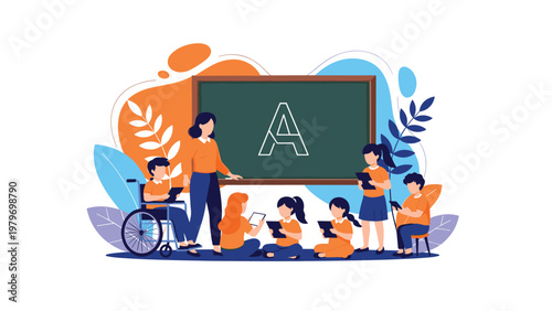 Modern inclusive classroom with teacher and young students using digital tablets for learning near green blackboard.