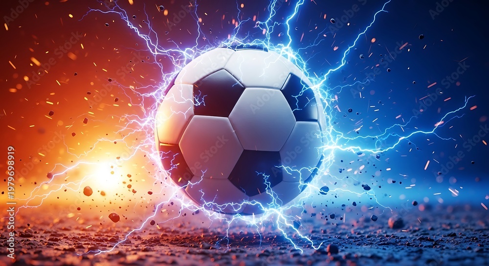 Fototapeta premium A vibrant soccer ball at the center of an explosive cosmic energy burst, glowing with electric blue and fiery orange hues, creating a dynamic and powerful scene.