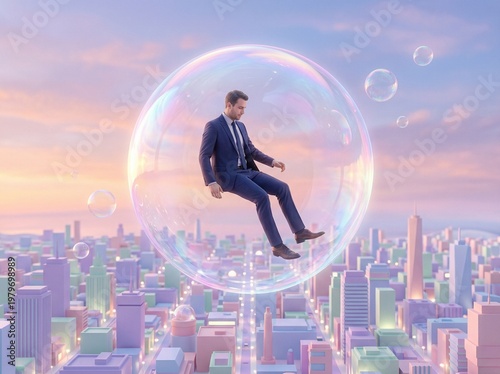 Surreal concept of businessman in suit floating inside giant transparent soap bubble above pastel minimalist city skyline