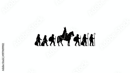Sinterklaas Silhouette with Horse and Helpers on White Background