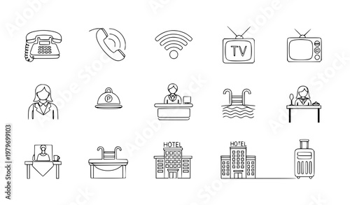 Continuous line hotel icons set with wifi room service reception and accommodation vector design