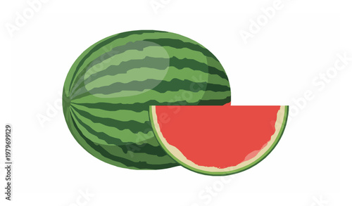 Whole watermelon and slice vector illustration fresh summer fruit isolated on white background