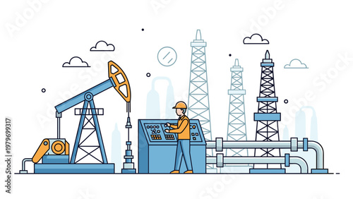 Industrial oil field worker operating technical control panel near large pumpjack and drilling rigs in desert environment.