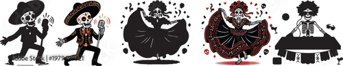Web Mexican Mariachi and Folklorico Dancer Skeleton Set - Dia de los Muertos and Cinco de Mayo Vector Characters - Calavera Musicians and Dancing Figures - Silhouette and Color Bundle