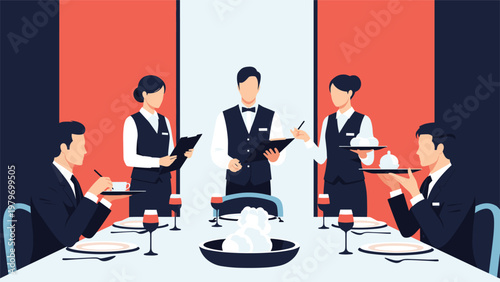 Professional restaurant staff providing high quality service to formal diners at elegantly set table for a business banquet.