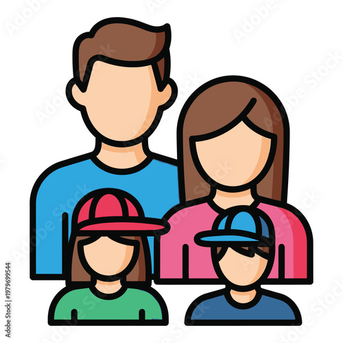 Cartoon illustration of a family of four people  parents and two children icon