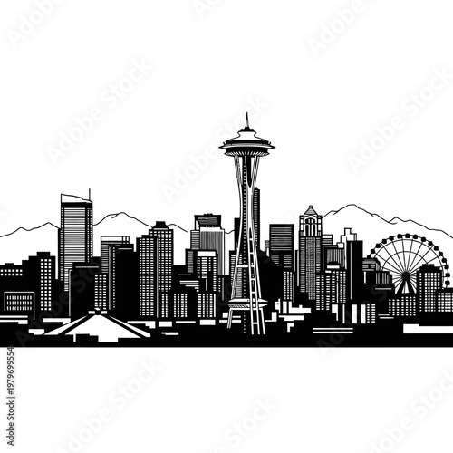 Seattle skyline illustration featuring the space needle and waterfront
