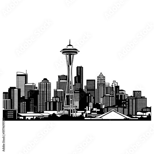Seattle skyline illustration featuring the space needle and city buildings