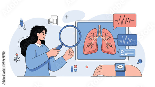 Medical specialist using a magnifying glass to examine digital lung imaging for respiratory health diagnosis on large screen.