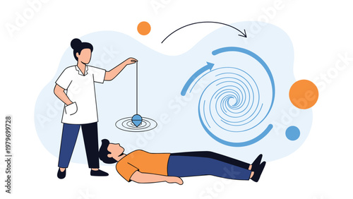 Practitioner performing a hypnosis session using a pendulum over a relaxed patient with symbolic blue spiral energy background.