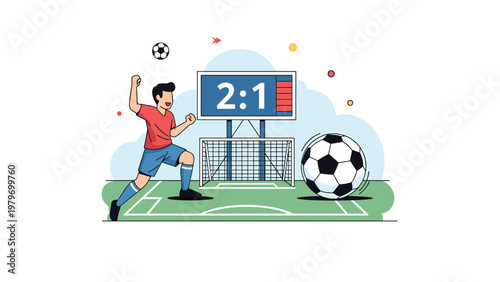 Enthusiastic soccer player celebrating winning goal in front of scoreboard and net on green field during exciting sports match.